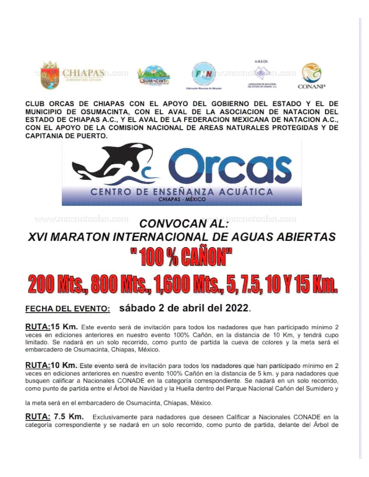 Convocatoria: XVI Maraton Internacional de Aguas Abiertas 100% Cañon 2022